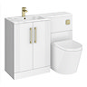 Roxbury Deco Fluted 1100mm White Combination Unit with Carrera Marble Basin - Brushed Brass Handles & Flush, Round Pan
