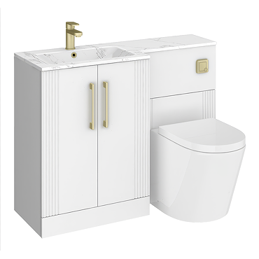 Roxbury Deco Fluted 1100mm White Combination Unit with Carrera Marble Basin - Brushed Brass Handles & Flush, Round Pan