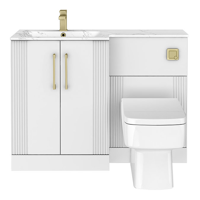 Roxbury Deco Fluted 1100mm White Combination Unit with Carrera Marble Basin - Brushed Brass Handles & Flush, Square
