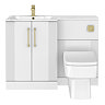 Roxbury Deco Fluted 1100mm White Combination Unit with Carrera Marble Basin - Brushed Brass Handles & Flush, Square