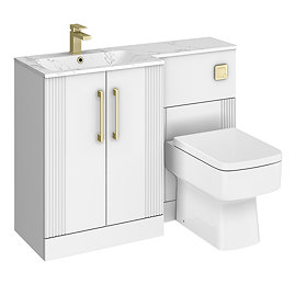 Roxbury Deco Fluted 1100mm White Combination Unit with Carrera Marble Basin - Brushed Brass Handles & Flush, Square