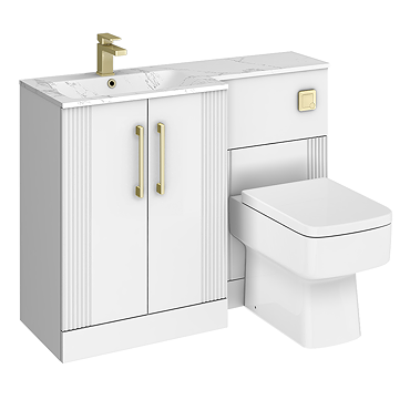Roxbury Deco Fluted 1100mm White Combination Unit with Carrera Marble Basin - Brushed Brass Handles & Flush, Square