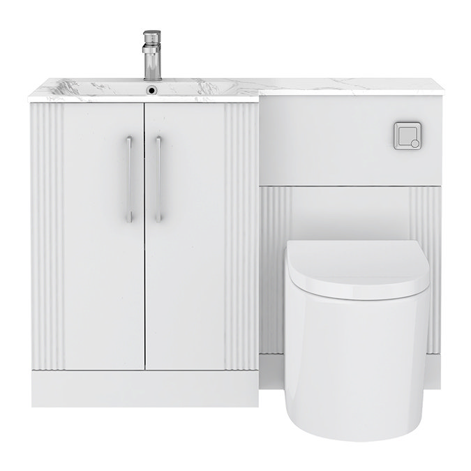 Roxbury Deco Fluted 1100mm White Combination Unit with Carrera Marble Basin, Round Pan & Chrome Flush