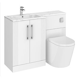 Roxbury Deco Fluted 1100mm White Combination Unit with Carrera Marble Basin, Round Pan & Chrome Flush