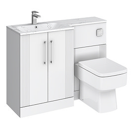Roxbury Deco Fluted 1100mm White Combination Unit with Carrera Marble Basin, Square Pan & Chrome Flush