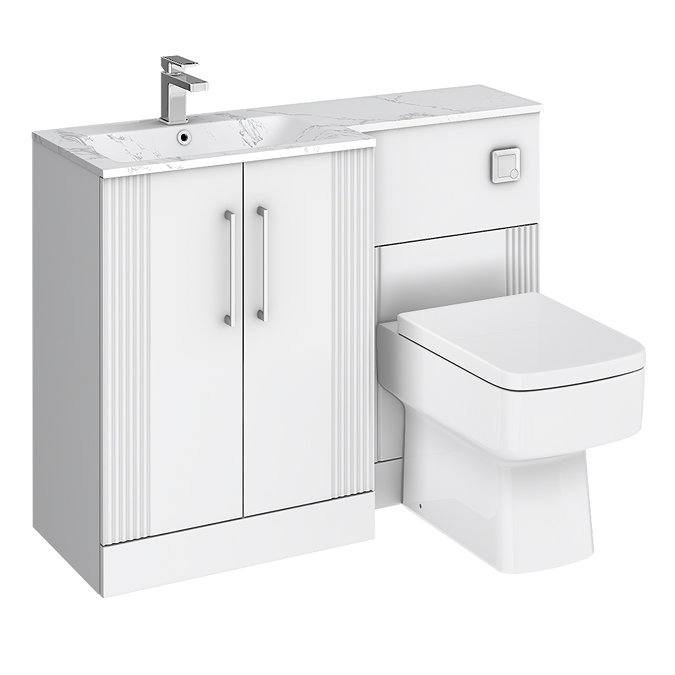 Roxbury Deco Fluted 1100mm White Combination Unit with Carrera Marble Basin, Square Pan & Chrome Flush