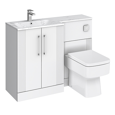 Roxbury Deco Fluted 1100mm White Combination Unit with Carrera Marble Basin, Square Pan & Chrome Flush