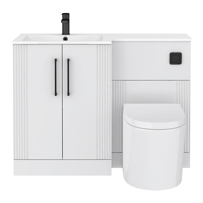 Roxbury Deco Fluted 1100mm White Combination Unit with Matt White Stone Basin - Black Handles & Flush, Round Pan