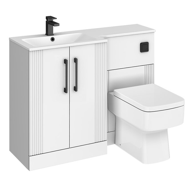 Roxbury Deco Fluted 1100mm White Combination Unit with Matt White Stone Basin - Matt Black Handles & Flush, Square Pan