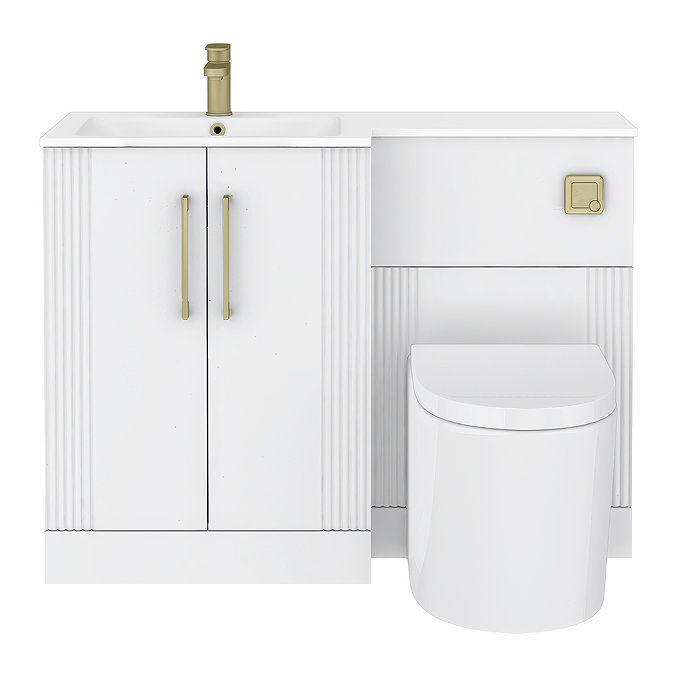 Roxbury Deco Fluted 1100mm White Combination Unit with White Stone Basin - Brushed Brass Handles & Flush, Square Pan
