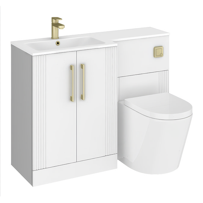 Roxbury Deco Fluted 1100mm White Combination Unit with White Stone Basin - Brushed Brass Handles & Flush, Square Pan