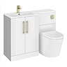 Roxbury Deco Fluted 1100mm White Combination Unit with White Stone Basin - Brushed Brass Handles & Flush, Square Pan