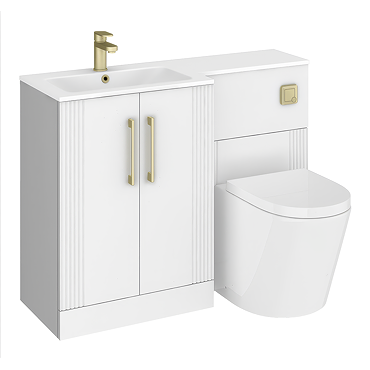 Roxbury Deco Fluted 1100mm White Combination Unit with White Stone Basin - Brushed Brass Handles & Flush, Square Pan