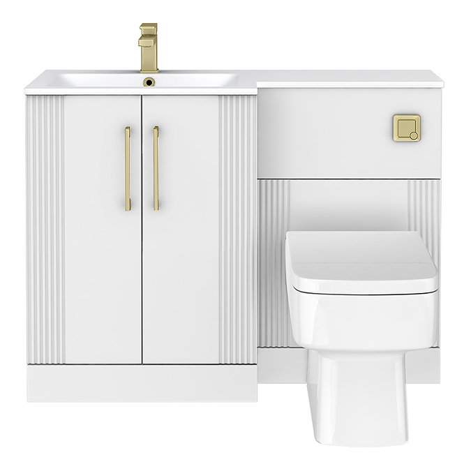 Roxbury Deco Fluted 1100mm White Combination Unit with White Stone Basin - Brushed Brass Handles & Flush, Square Pan