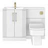 Roxbury Deco Fluted 1100mm White Combination Unit with White Stone Basin - Brushed Brass Handles & Flush, Square Pan