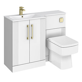 Roxbury Deco Fluted 1100mm White Combination Unit with White Stone Basin - Brushed Brass Handles & Flush, Square Pan