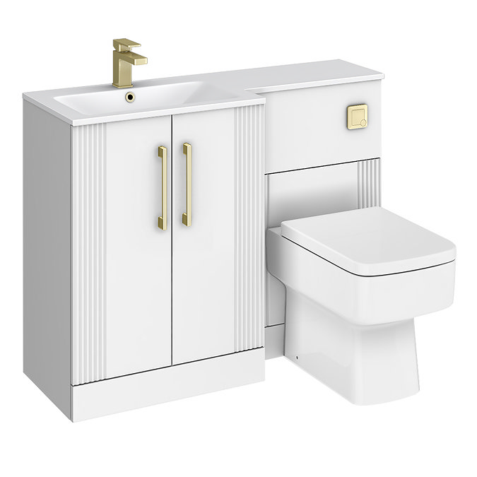 Roxbury Deco Fluted 1100mm White Combination Unit with White Stone Basin - Brushed Brass Handles & Flush, Square Pan