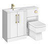 Roxbury Deco Fluted 1100mm White Combination Unit with White Stone Basin - Brushed Brass Handles & Flush, Square Pan