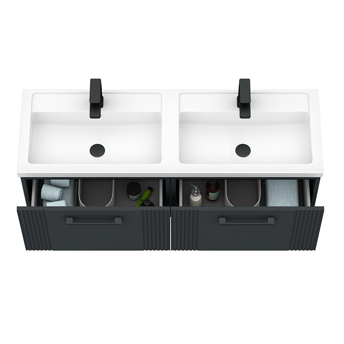 Roxbury Deco Fluted 1200mm Anthracite Grey Double Basin Vanity Unit - 2 Drawer Unit with Matt Black Handles