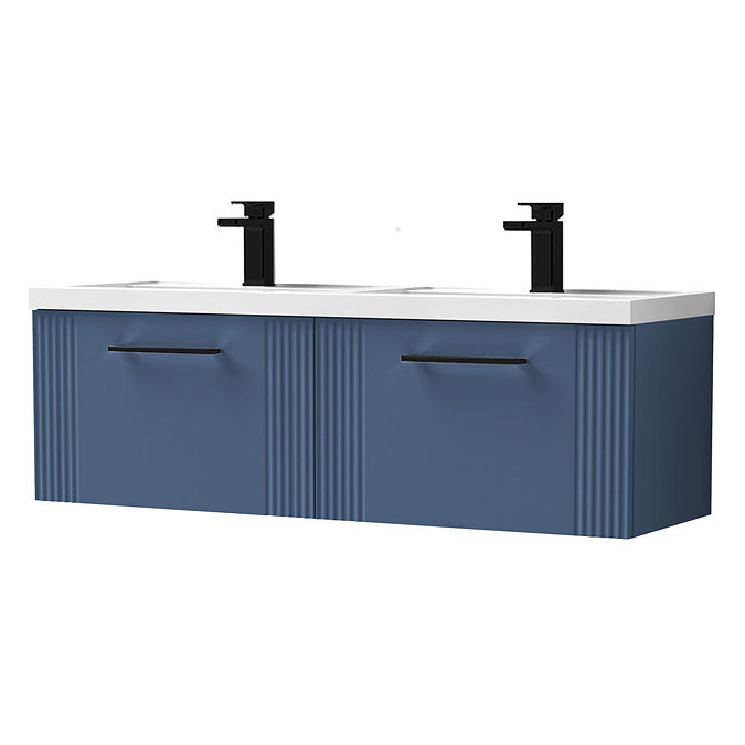 Roxbury Deco Fluted 1200mm Blue Double Basin Vanity Unit - 2 Drawer Unit with Matt Black Handles