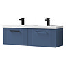 Roxbury Deco Fluted 1200mm Blue Double Basin Vanity Unit - 2 Drawer Unit with Matt Black Handles