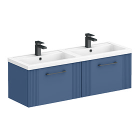 Roxbury Deco Fluted 1200mm Blue Double Basin Vanity Unit - 2 Drawer Unit with Matt Black Handles