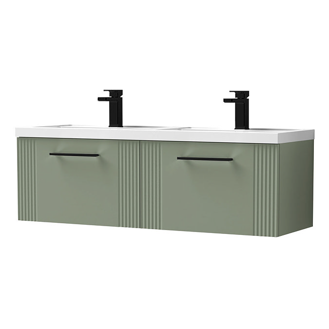 Roxbury Deco Fluted 1200mm Green Double Basin Vanity Unit - 2 Drawer Unit with Matt Black Handles