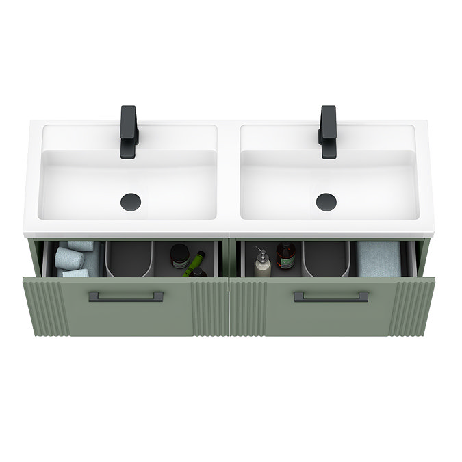 Roxbury Deco Fluted 1200mm Green Double Basin Vanity Unit - 2 Drawer Unit with Matt Black Handles