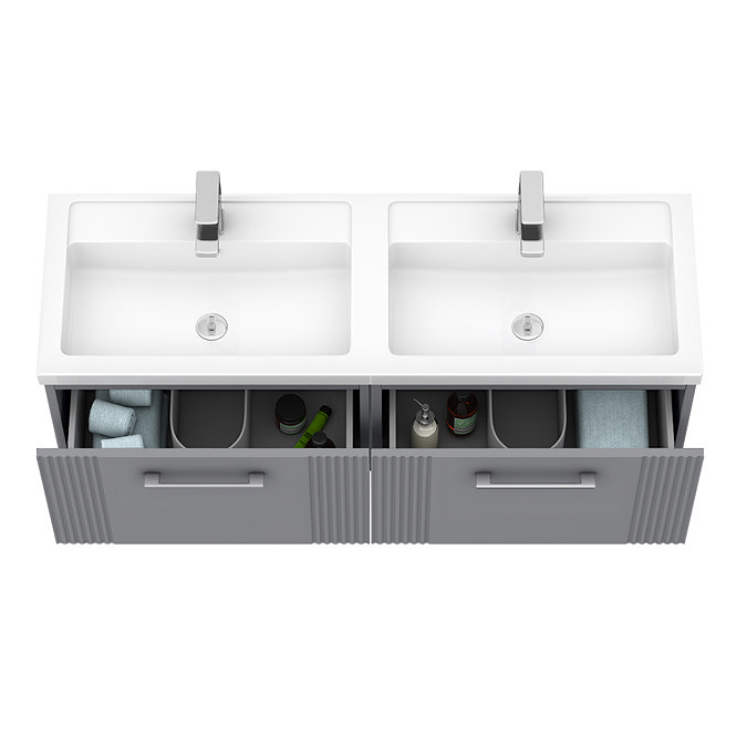 Roxbury Deco Fluted 1200mm Grey Double Basin Vanity Unit - 2-Drawer Unit with Chrome Handles