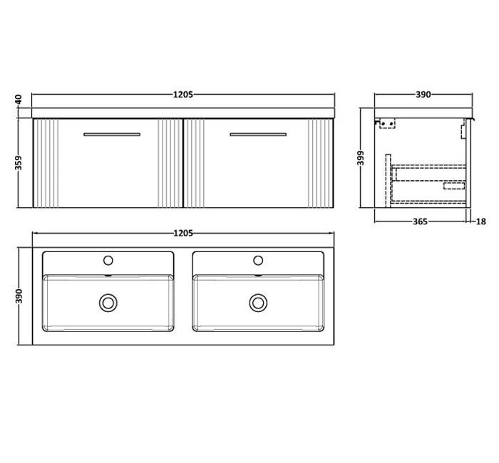 Roxbury Deco Fluted 1200mm Grey Double Basin Vanity Unit - 2-Drawer Unit with Chrome Handles