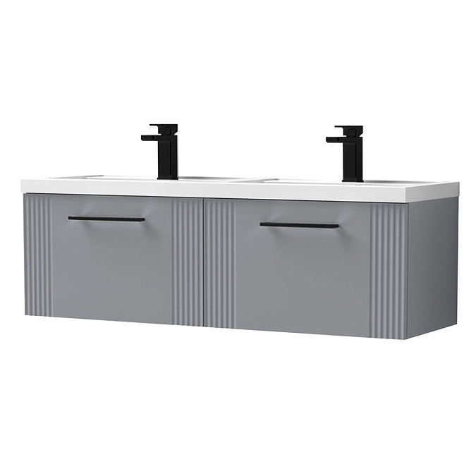 Roxbury Deco Fluted 1200mm Grey Double Basin Vanity Unit - 2 Drawer Unit with Matt Black Handles