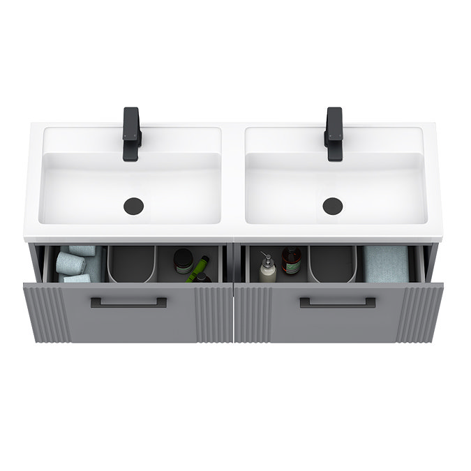 Roxbury Deco Fluted 1200mm Grey Double Basin Vanity Unit - 2 Drawer Unit with Matt Black Handles