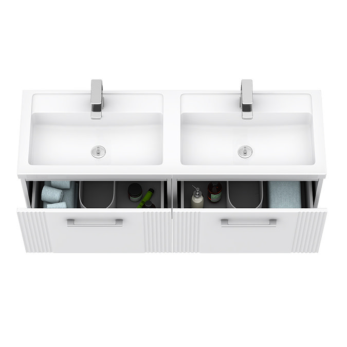 Roxbury Deco Fluted 1200mm White Double Basin Vanity Unit - 2 Drawer Unit with Chrome Handles