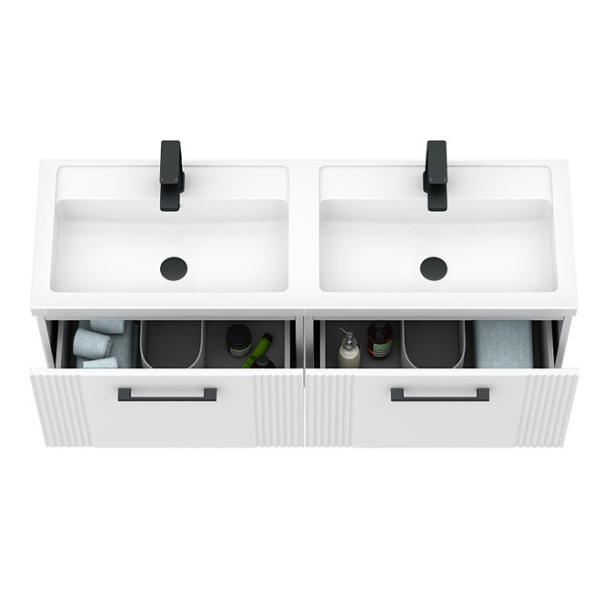 Roxbury Deco Fluted 1200mm White Double Basin Vanity Unit - 2 Drawer Unit with Matt Black Handles