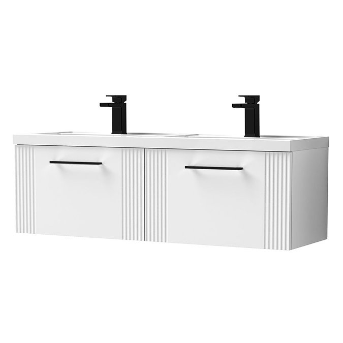 Roxbury Deco Fluted 1200mm White Double Basin Vanity Unit 2 Drawer Unit With Matt Black Handles 