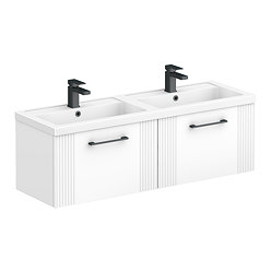 Roxbury Deco Fluted 1200mm White Double Basin Vanity Unit - 2 Drawer Unit with Matt Black Handles