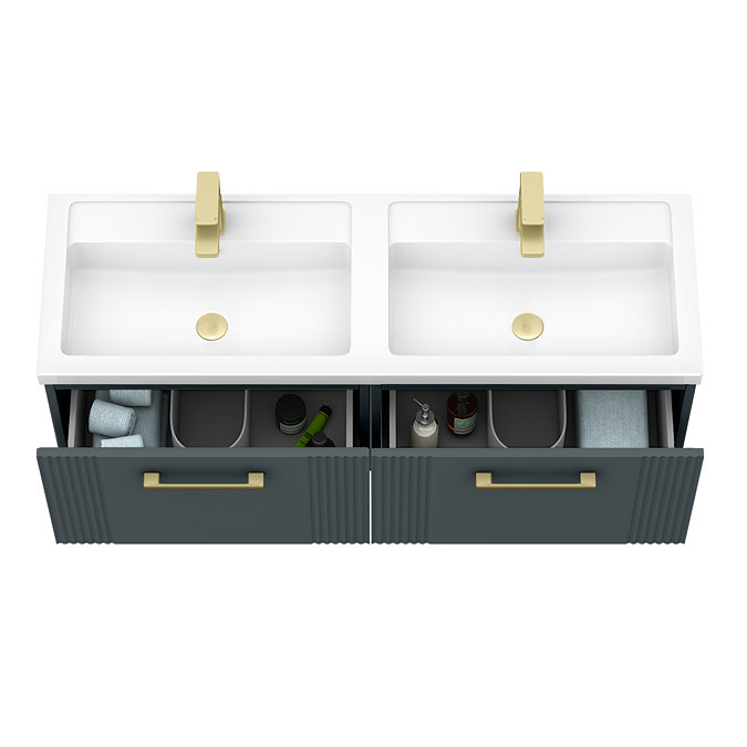 Roxbury Deco Fluted 1200mm Anthracite Grey Double Basin Vanity Unit - 2 Drawer Unit with Brushed Brass Handles