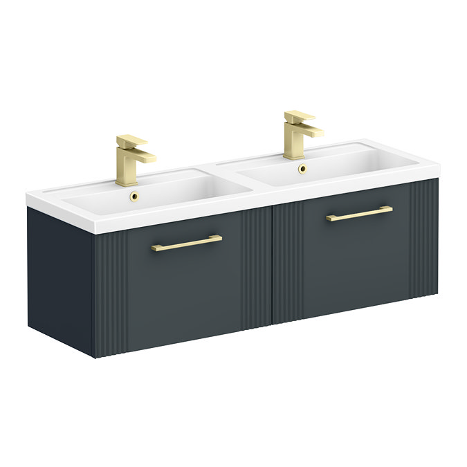 Roxbury Deco Fluted 1200mm Anthracite Grey Double Basin Vanity Unit - 2 Drawer Unit with Brushed Brass Handles