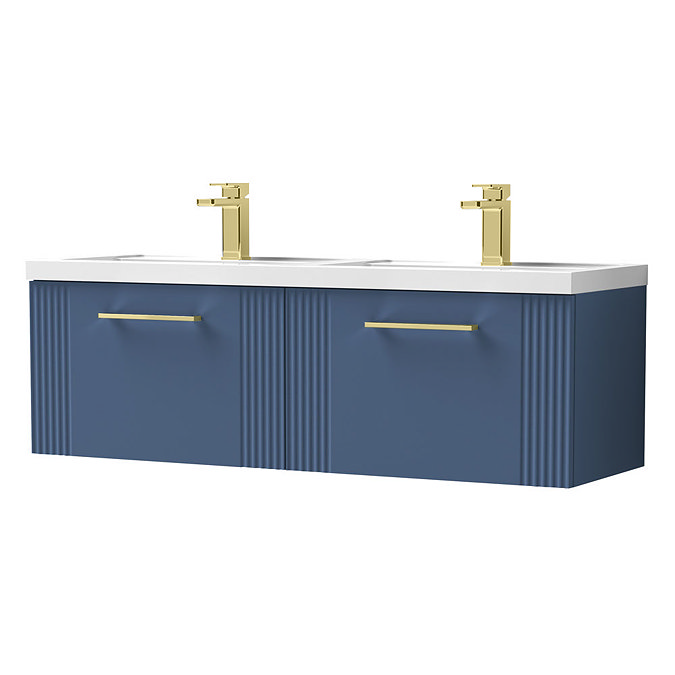 Roxbury Deco Fluted 1200mm Blue Double Basin Vanity Unit - 2 Drawer Unit with Brushed Brass Handles