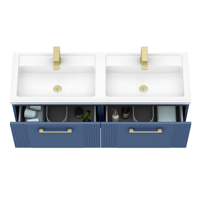 Roxbury Deco Fluted 1200mm Blue Double Basin Vanity Unit - 2 Drawer Unit with Brushed Brass Handles