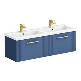 Roxbury Deco Fluted 1200mm Blue Double Basin Vanity Unit - 2 Drawer Unit with Brushed Brass Handles