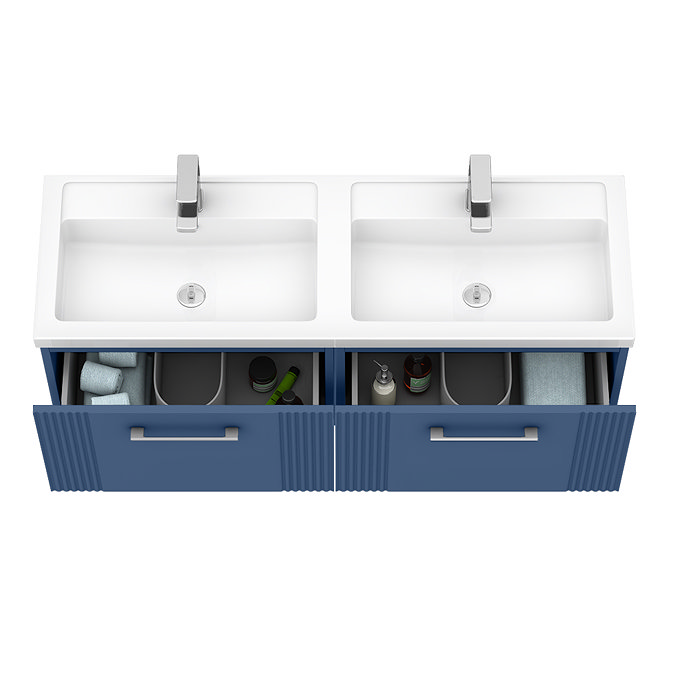 Roxbury Deco Fluted 1200mm Blue Double Basin Vanity Unit - 2-Drawer Unit with Chrome Handles