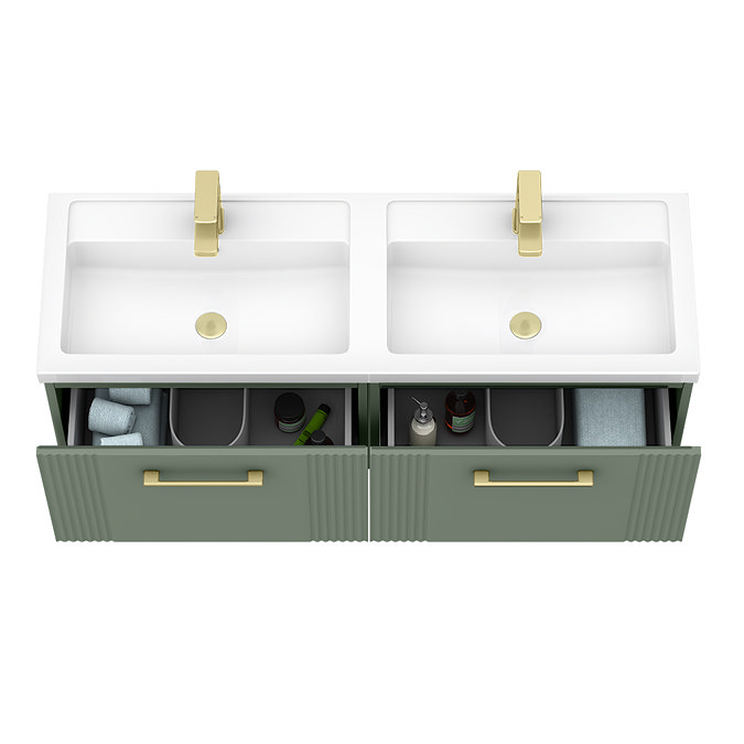 Roxbury Deco Fluted 1200mm Green Double Basin Vanity Unit - Wall Hung 2 Drawer Unit with Brushed Brass Handles