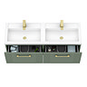 Roxbury Deco Fluted 1200mm Green Double Basin Vanity Unit - Wall Hung 2 Drawer Unit with Brushed Brass Handles
