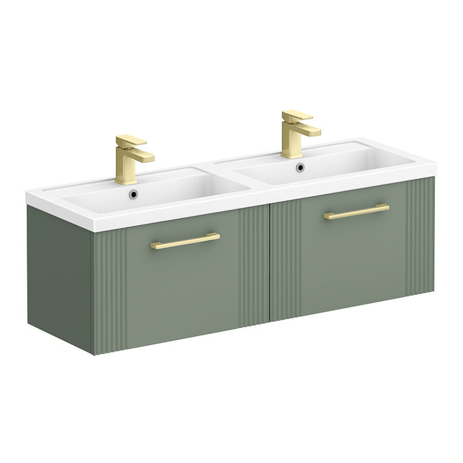 Roxbury Deco Fluted 1200mm Green Double Basin Vanity Unit - Wall Hung 2 Drawer Unit with Brushed Brass Handles