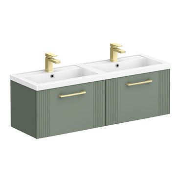 Roxbury Deco Fluted 1200mm Green Double Basin Vanity Unit - Wall Hung 2 Drawer Unit with Brushed Brass Handles