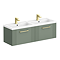 Roxbury Deco Fluted 1200mm Green Double Basin Vanity Unit - Wall Hung 2 Drawer Unit with Brushed Brass Handles