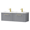 Roxbury Deco Fluted 1200mm Grey Double Basin Vanity Unit - Wall Hung 2 Drawer Unit with Brushed Brass Handles