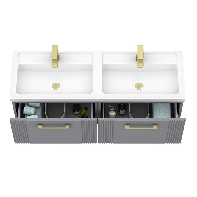 Roxbury Deco Fluted 1200mm Grey Double Basin Vanity Unit - Wall Hung 2 Drawer Unit with Brushed Brass Handles