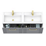 Roxbury Deco Fluted 1200mm Grey Double Basin Vanity Unit - Wall Hung 2 Drawer Unit with Brushed Brass Handles